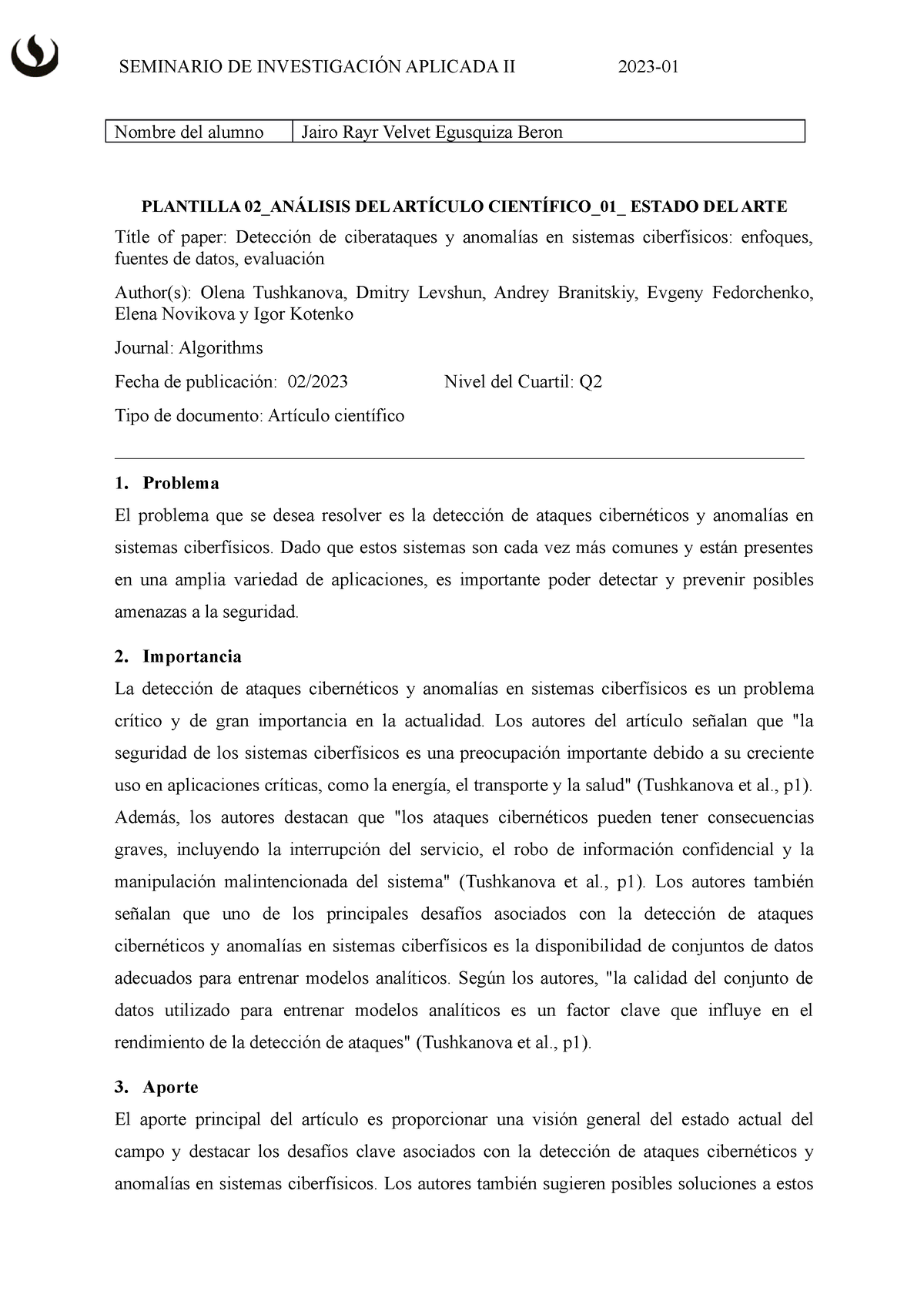 06 TB2 Analisis DE Articulo Cientifico 2023 - Nombre del alumno Jairo ...