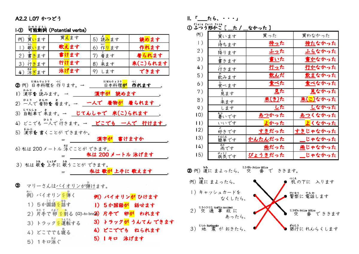 「可能動詞」「_たら」（こたえ）（導入） - Japanese 1 - か の う ど う し にほんりょうり つく にほんりょうり つく か ...