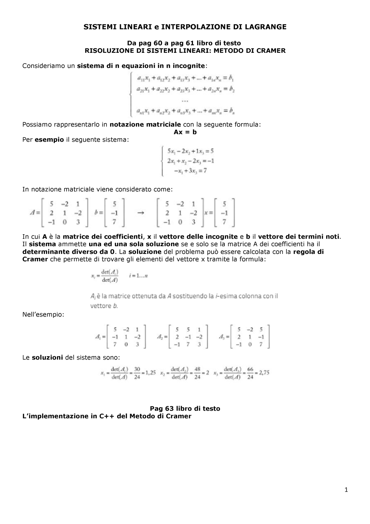 Sistemi Lineari Interpolazione 1 Sistemi Lineari E Interpolazione Di Lagrange Da Pag 60 A Pag 0584
