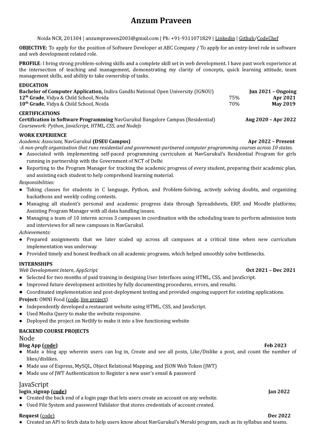 Anzum Praveen CV.docx - Anzum Praveen Noida NCR, 201304 ...