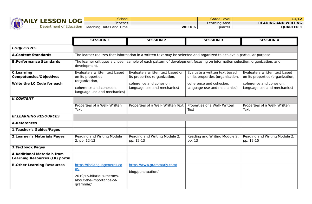 RW Q1 W6 - DLL - DAILY LESSON LOG Department of Education School Grade ...