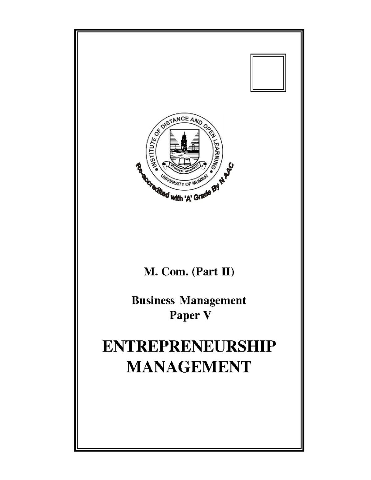 Management Paper V Entrepreneurship Management final book - M. Com ...
