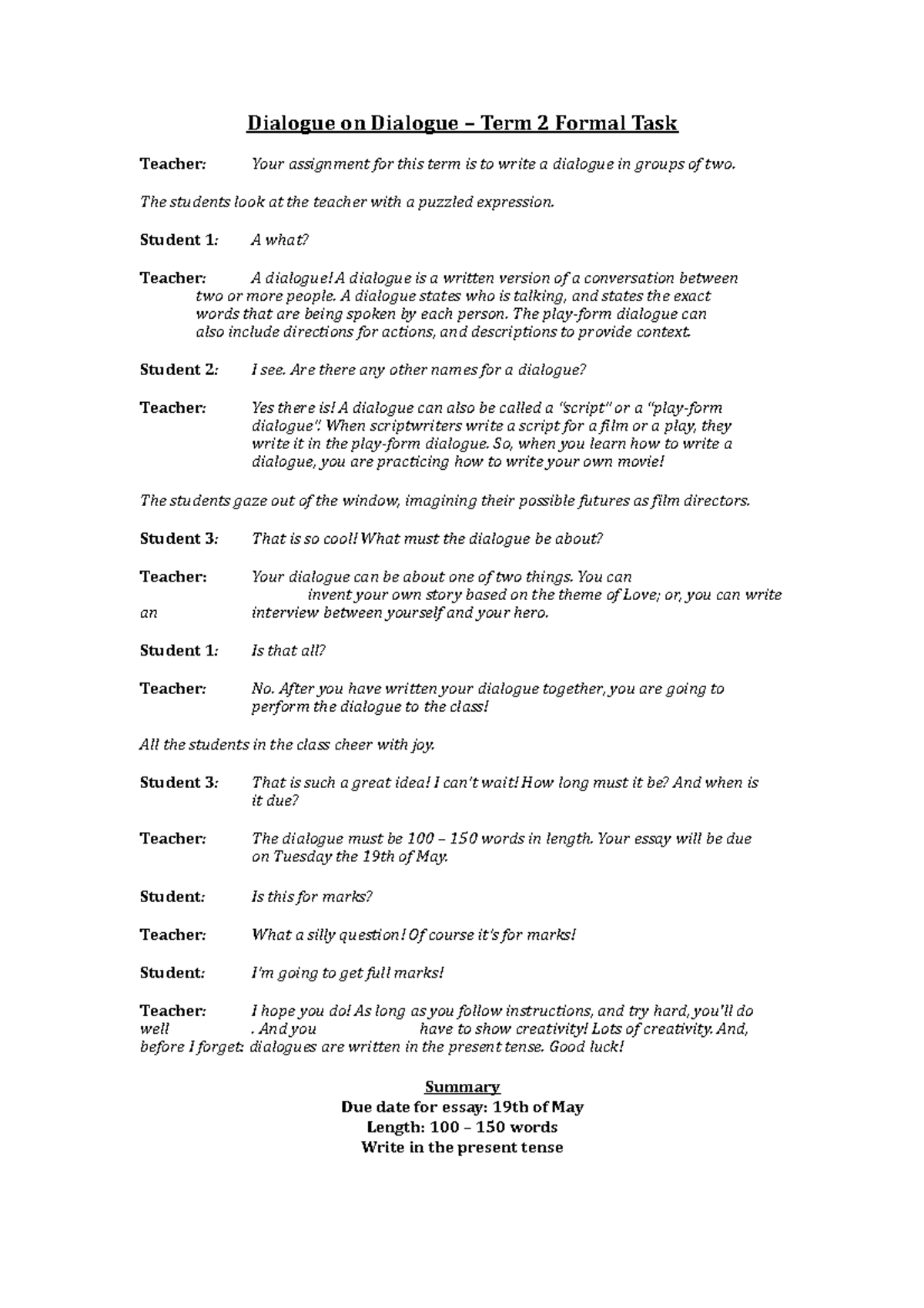 Dialogue Features - Dialogue on Dialogue – Term 2 Formal Task Teacher ...