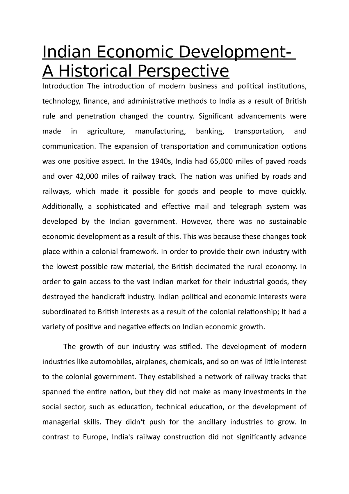 essay on economic development in india