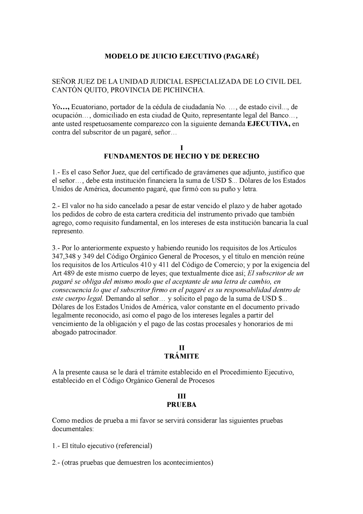 Juicio Ejecutivo Por Pagare Cogep Modelo De Juicio Ejecutivo PagarÉ SeÑor Juez De La Unidad 2279