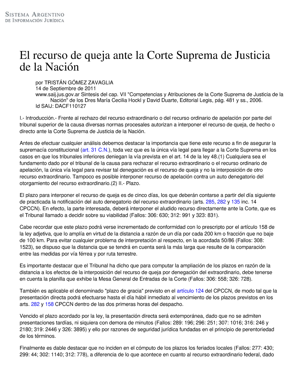 El Recurso De Queja Ante La Corte Suprema De Justicia De La Nación El