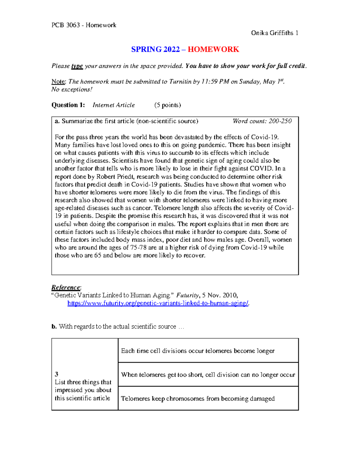 PCB3063-Sec799 Spring 2022 Homework Worksheet - Onika Griffiths 1 ...