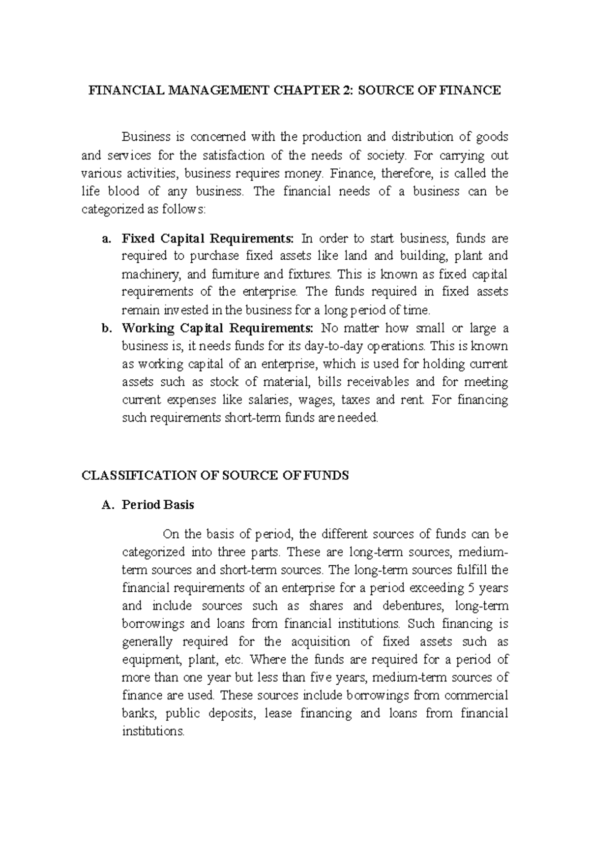 Summary Notes 2: Source of Finance - FINANCIAL MANAGEMENT CHAPTER 2 ...