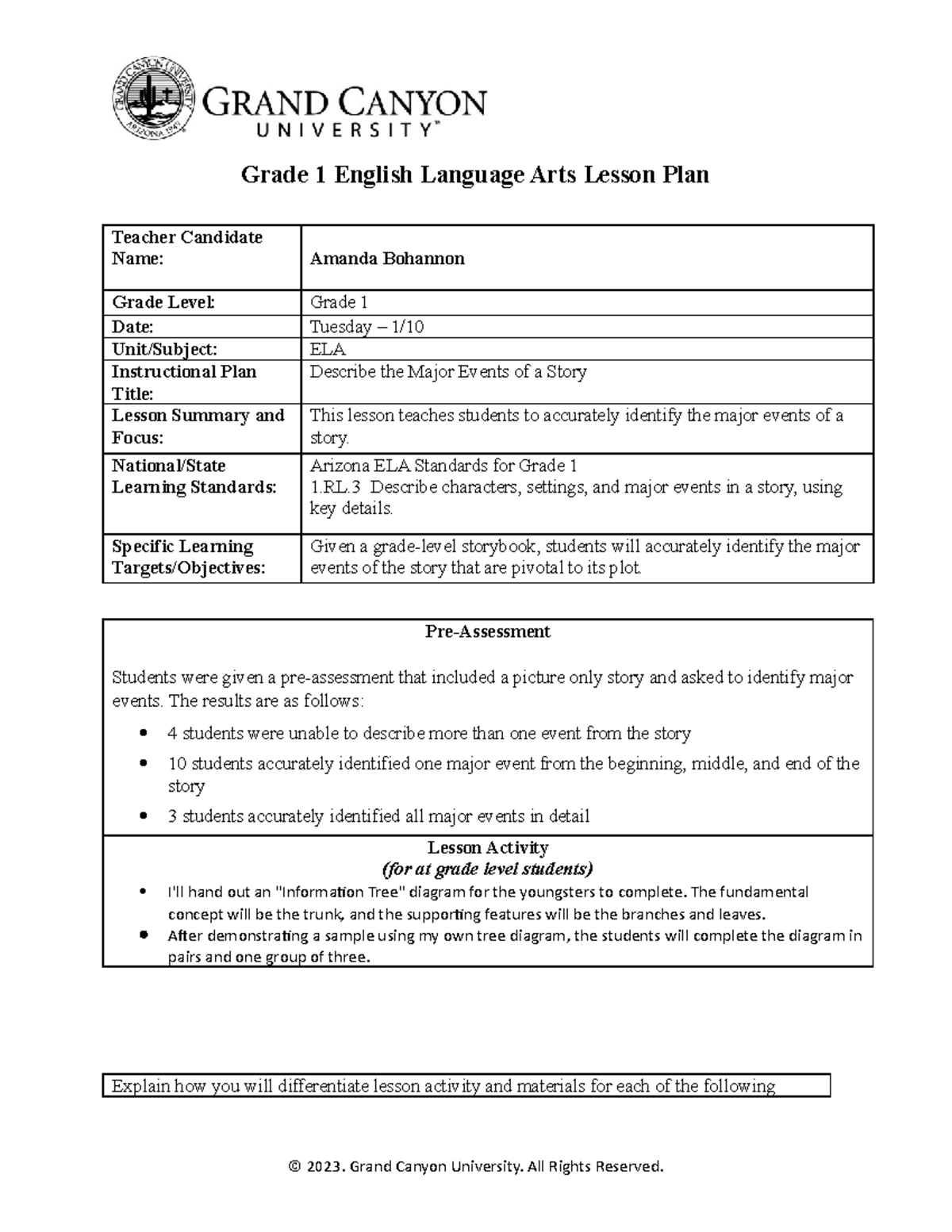 Grade 1 English Language Arts Lesson Plan National State Learning 