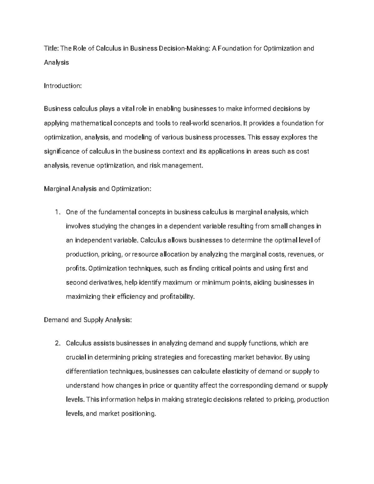 Business Calculus 1 essay - Title: The Role of Calculus in Business ...