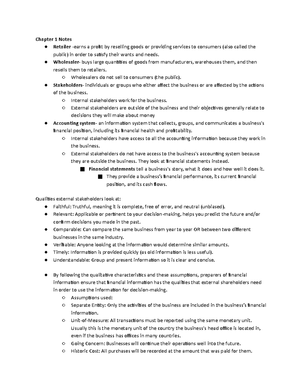 ACC 100 Notes - Chapter 1 Notes Retailer -earns a profit by reselling ...