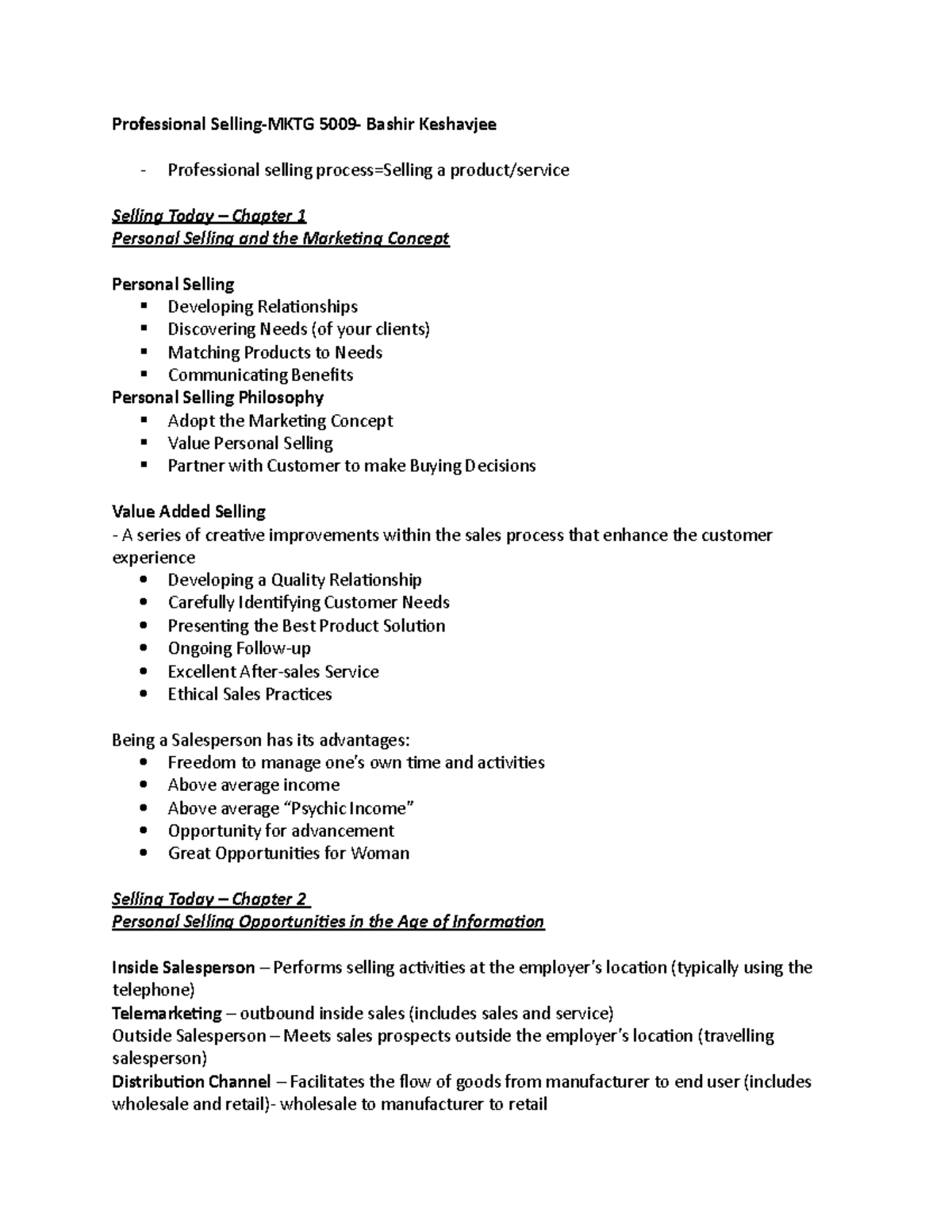 Professional Selling Notes - Professional Selling-MKTG 5009- Bashir ...