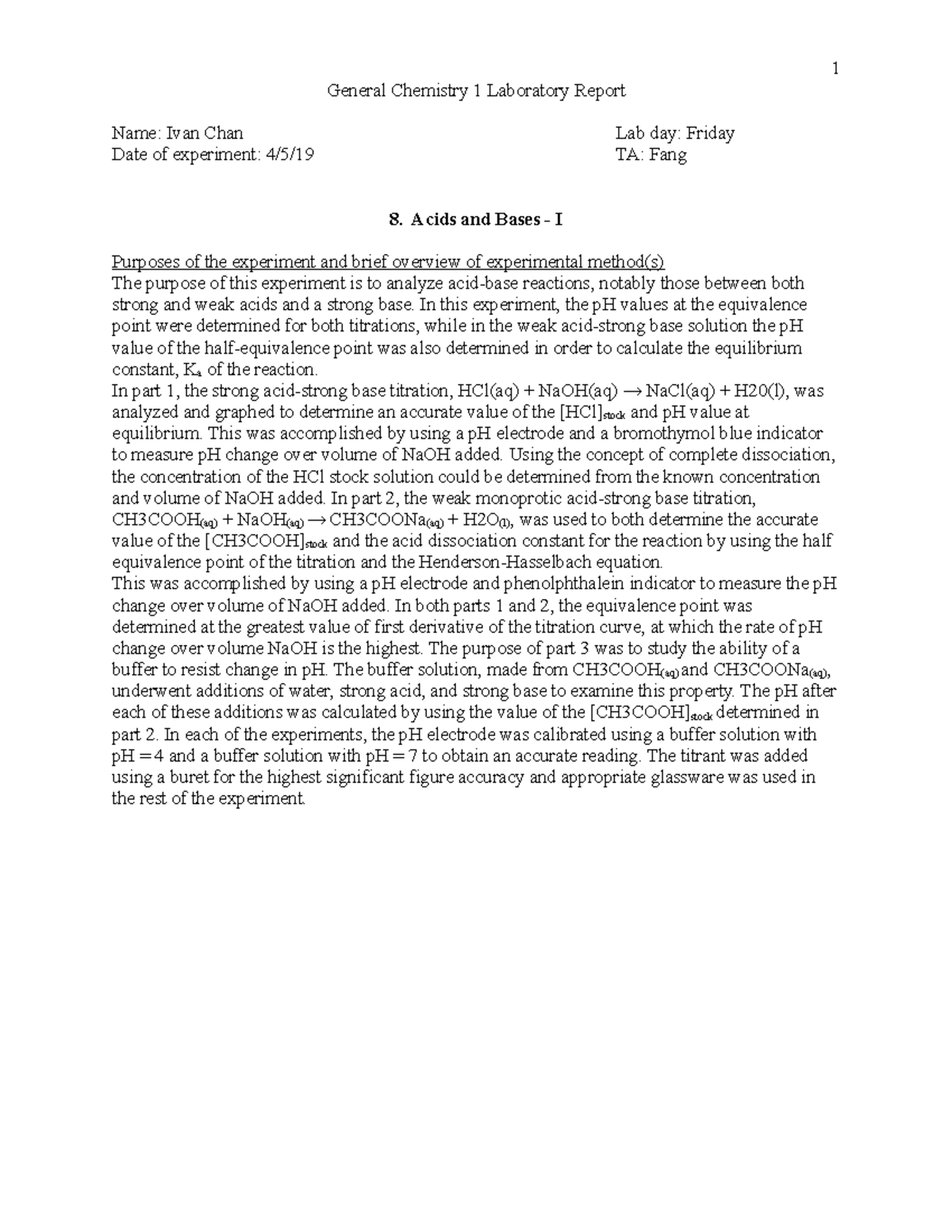 Lab Report Ex 8 Acids and Bases I General Chemistry 1 Laboratory