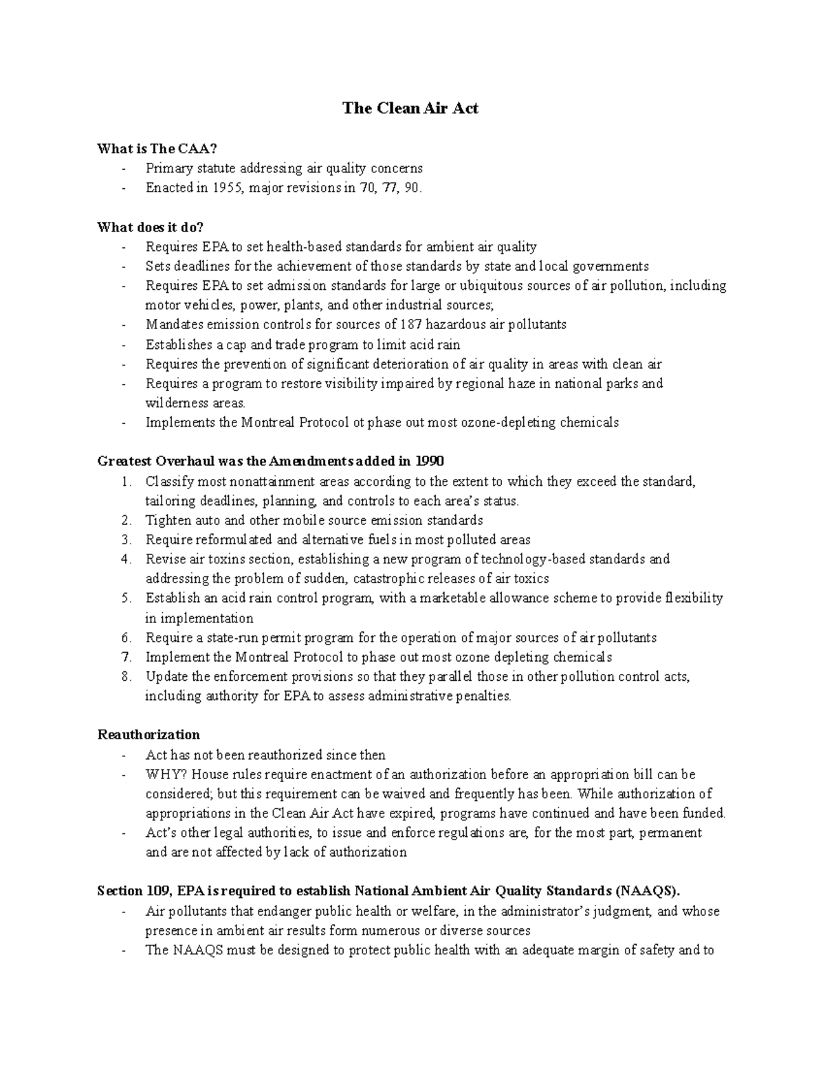 The Clean Air Act Lecture notes with information on midterm/final