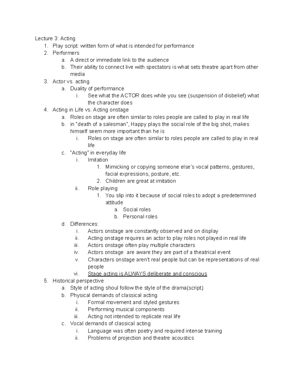 Quiz 2 Acting and Dramtic structure Notes - Lecture 3: Acting 1. Play ...