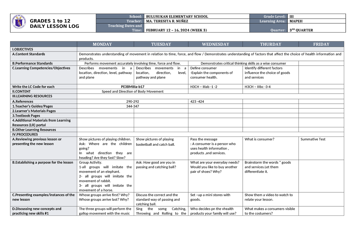 DLL Mapeh 3 Q3 W3 - hope it can help you. - GRADES 1 to 12 DAILY LESSON ...
