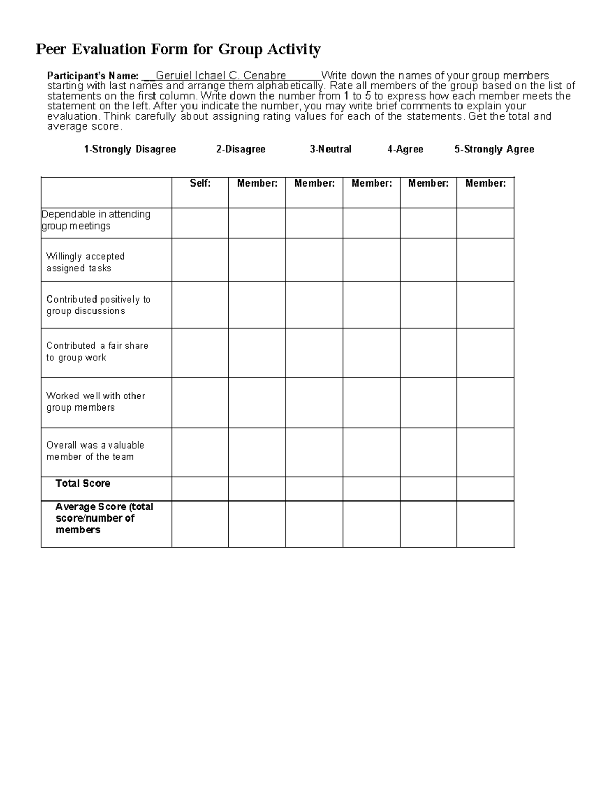 Updated Peer Evaluation - Peer Evaluation Form for Group Activity ...