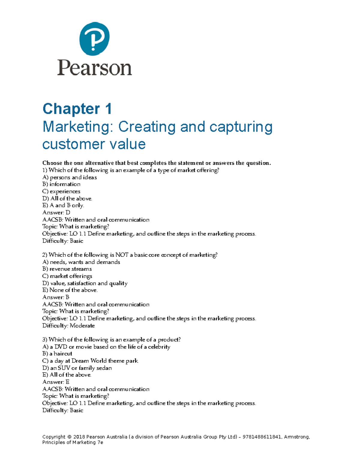 Chapter testbank - Chapter 1 Marketing: Creating and capturing customer ...
