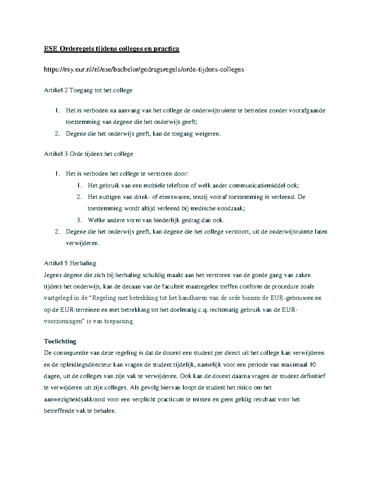 Huisregels ESE en vak - ESE Orderegels tijdens colleges en practica ...