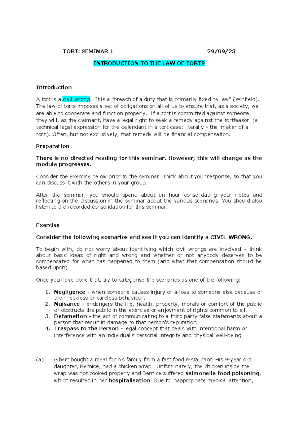 Semimar 1 - TORT: SEMINAR 1 29/09/ INTRODUCTION TO THE LAW OF TORTS ...