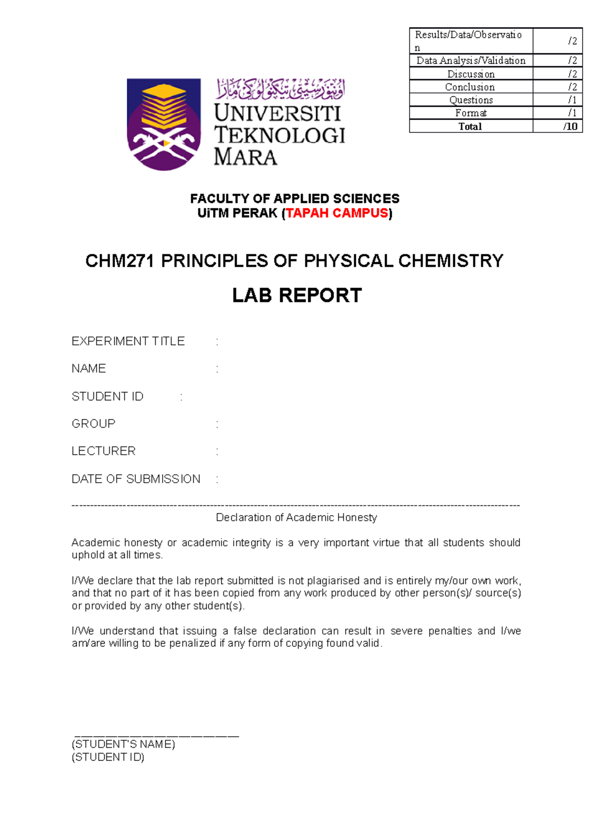 CHM271 Front Cover LAB Report FACULTY OF APPLIED SCIENCES UiTM PERAK