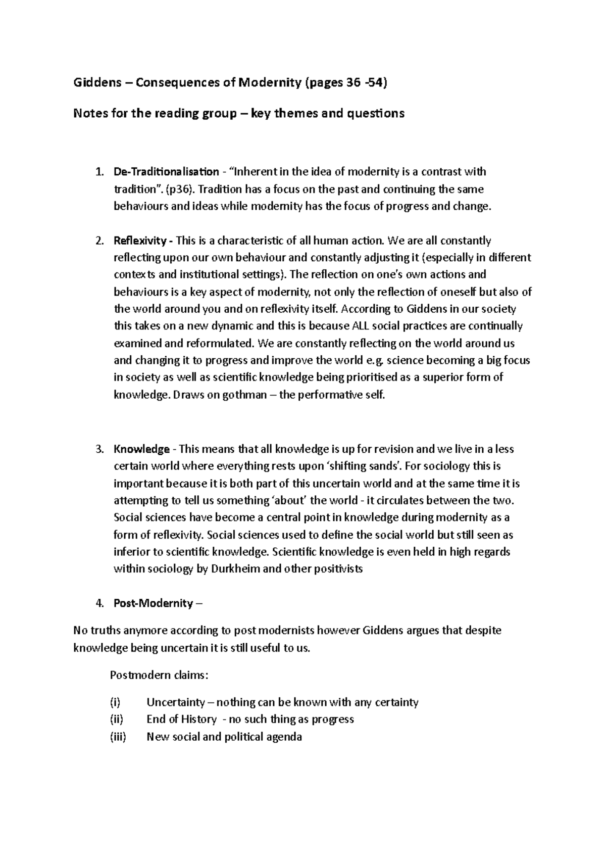 Chapter 1 (2) Reflexivity - Giddens – Consequences of Modernity (pages ...