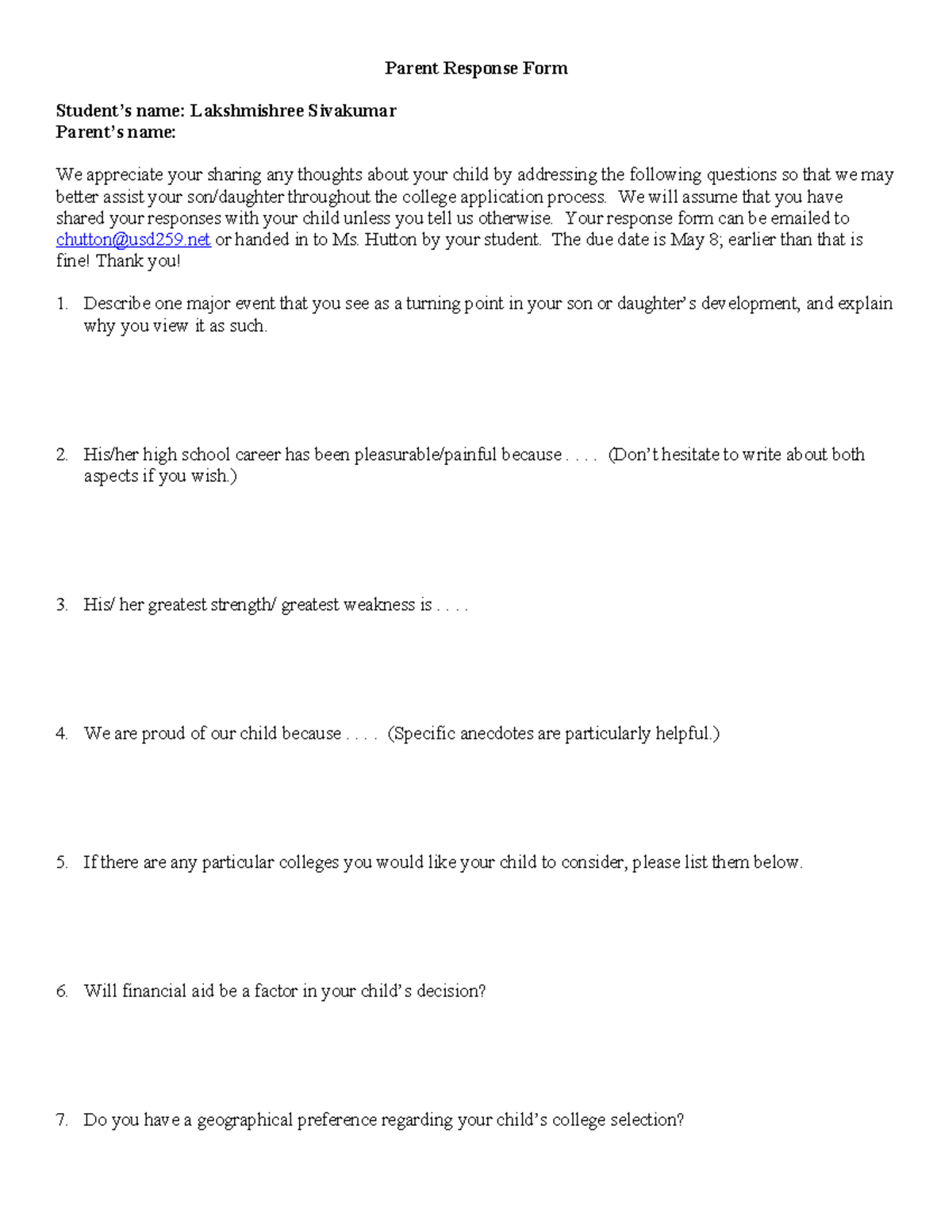 Parent Response Form 2022-2023 - Parent Response Form Student’s name ...