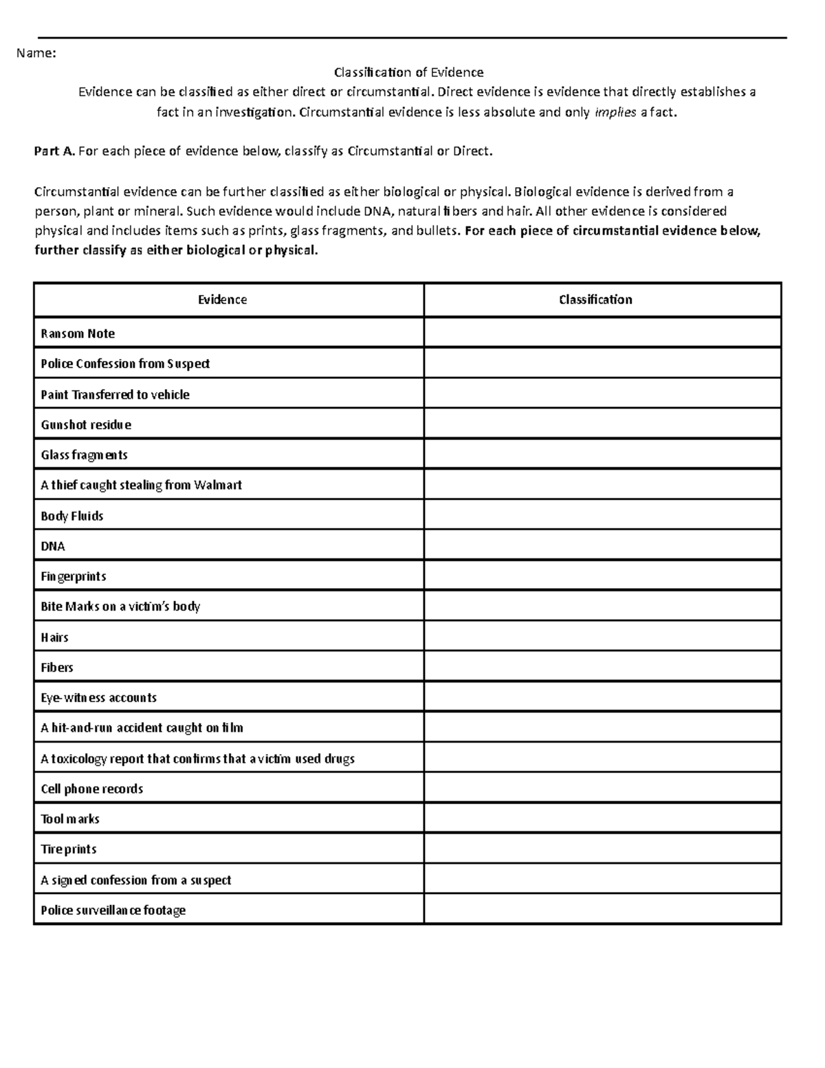 HW 1 Types of Evidence Worksheet STU - Name: Classification of Evidence  Evidence can be classified - Studocu
