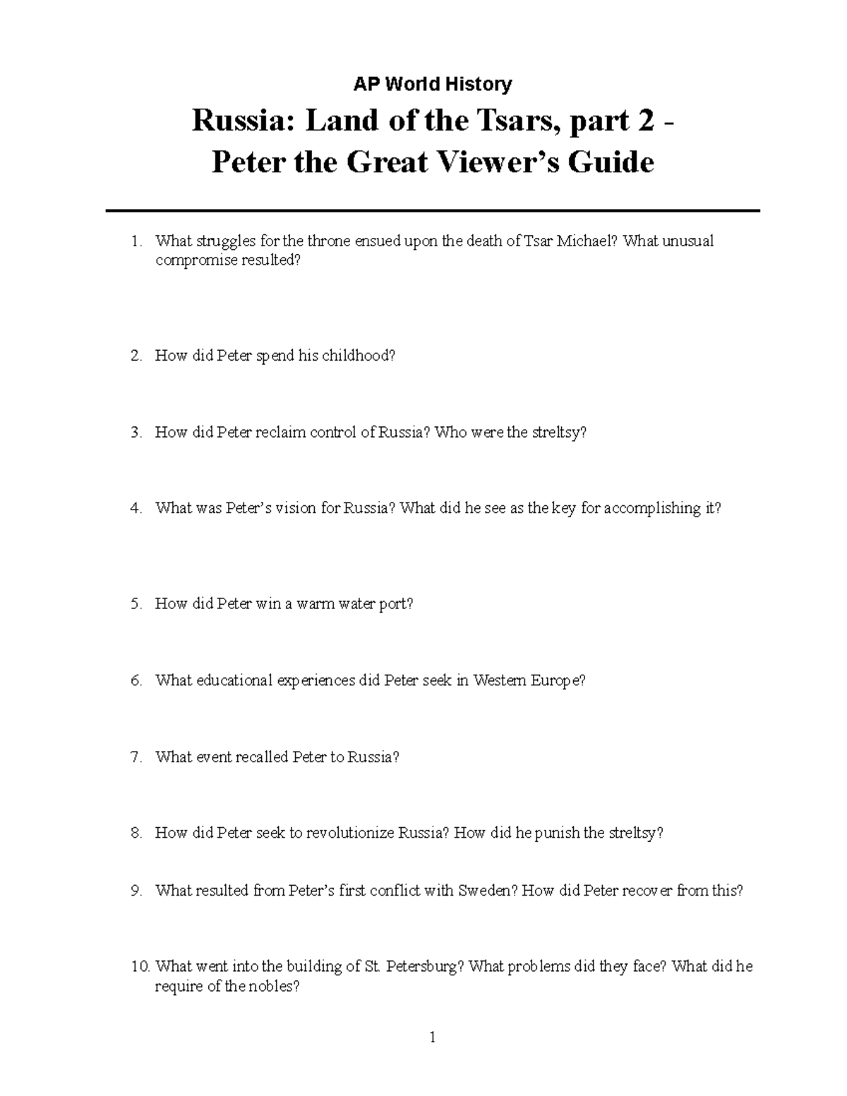 Russia Land of Tsars Part 2 online Viewers Guide AP World History