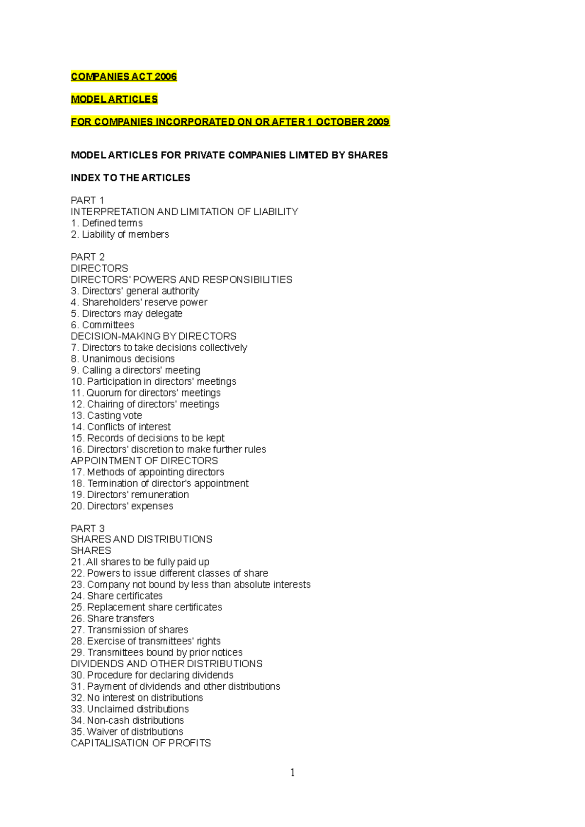 Copy of the Model Articles COMPANIES ACT 2006 MODEL ARTICLES FOR