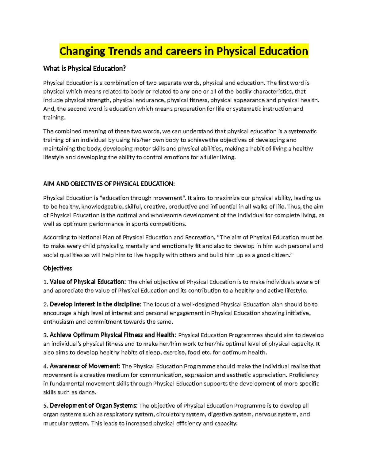 Chapter- 1 Class 11 - Changing Trends and careers in Physical Education ...