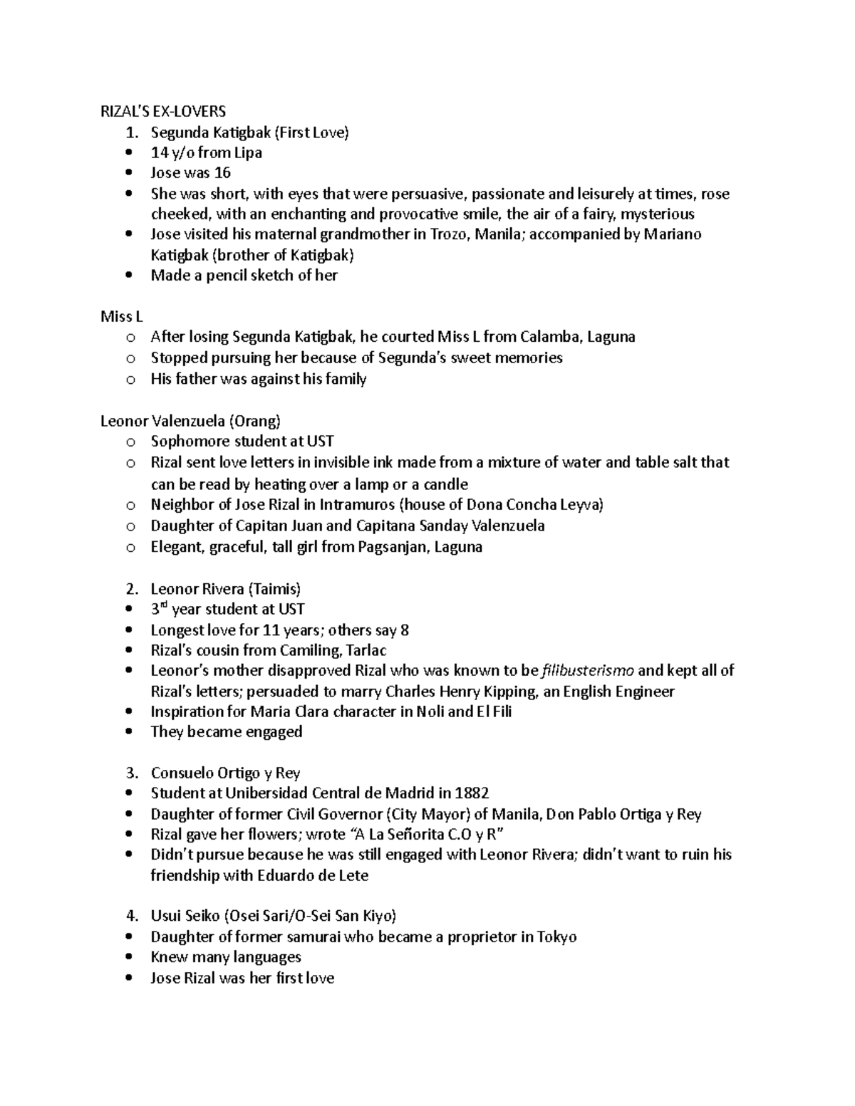 JOSE RIZAL EX LOVERS SUMMARY MIDTERM - RIZAL’S EX-LOVERS Segunda ...