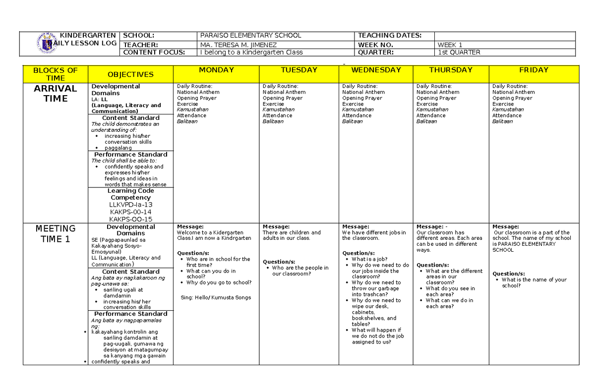 WEEK 1 NEW KTG DLL DAILY LESSON LOG KINDERGARTEN DAILY LESSON LOG