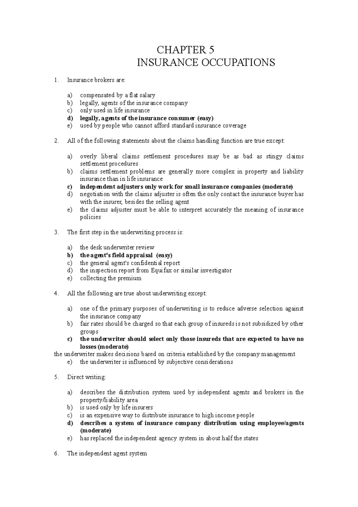 Chapter 5 - CHAPTER 5 INSURANCE OCCUPATIONS 1. Insurance brokers are: a ...