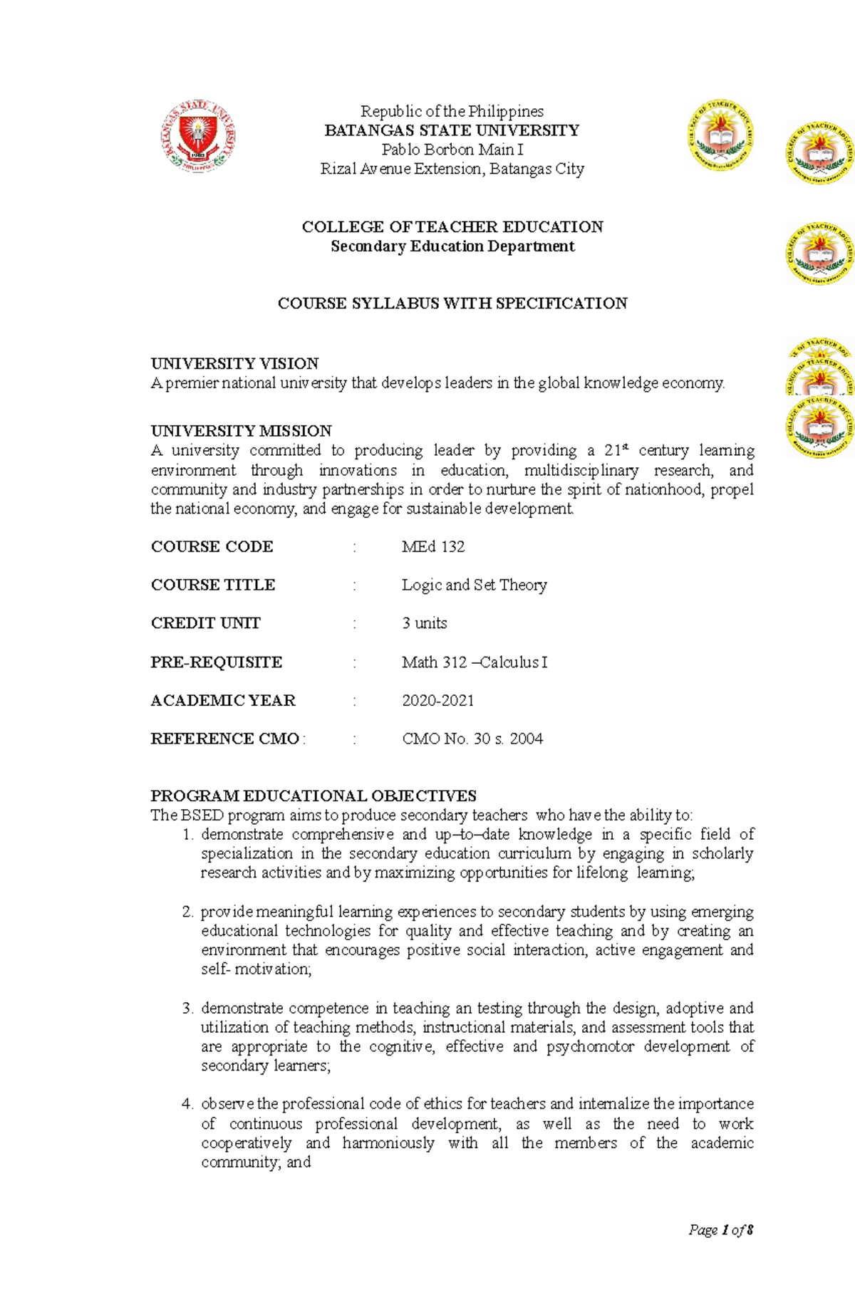 logic set theory med 124 - Republic of the Philippines BATANGAS STATE ...