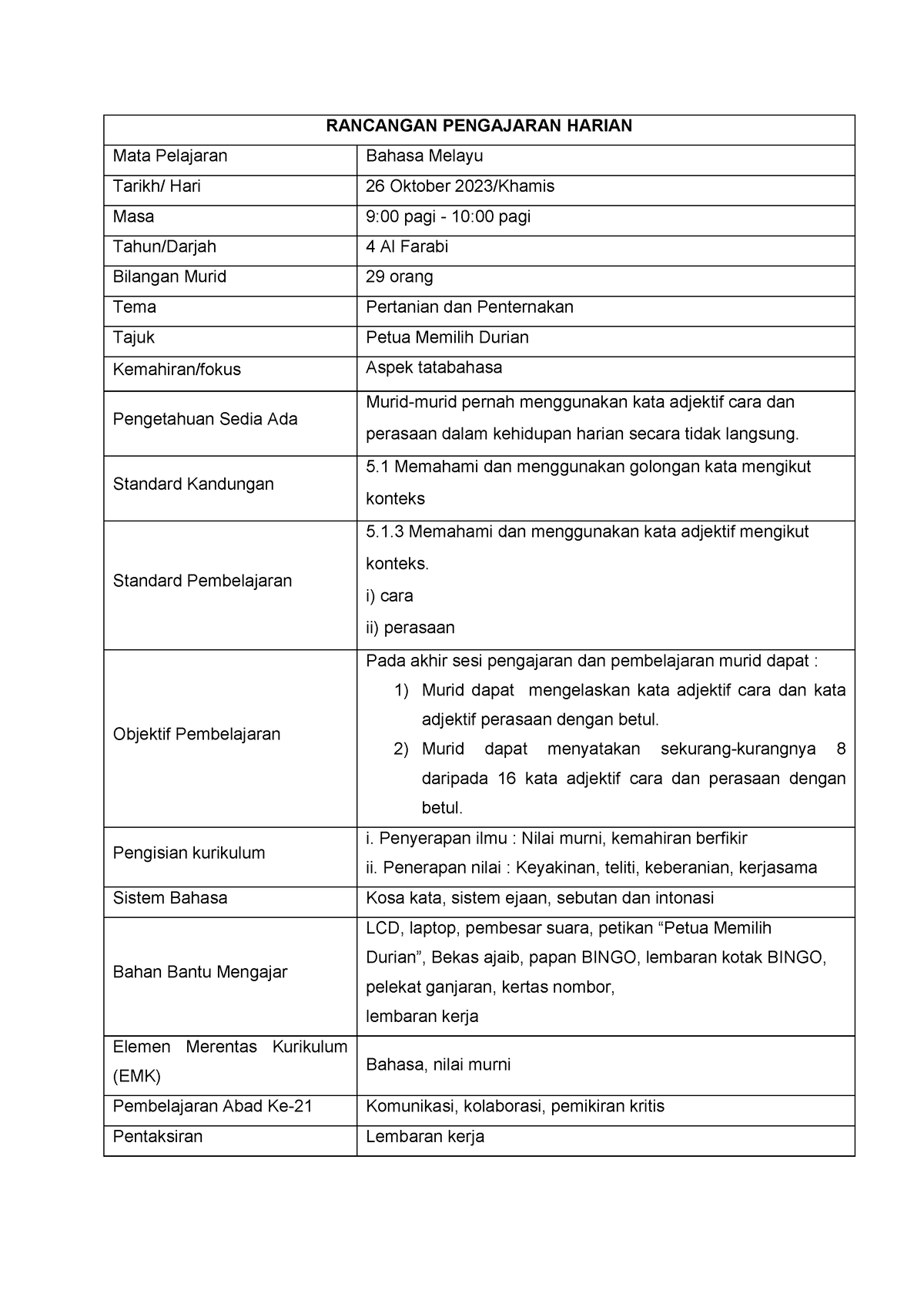 Rph Bahasa Melayu Rancangan Pengajaran Harian Mata Pelajaran Bahasa