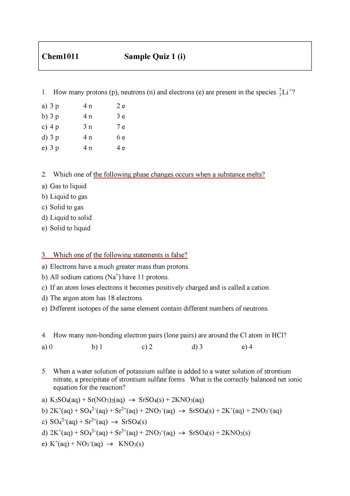 foundation Chem1011 Sample Quiz 1-1 - Chem101 1 Sample Quiz 1 (i) How ...