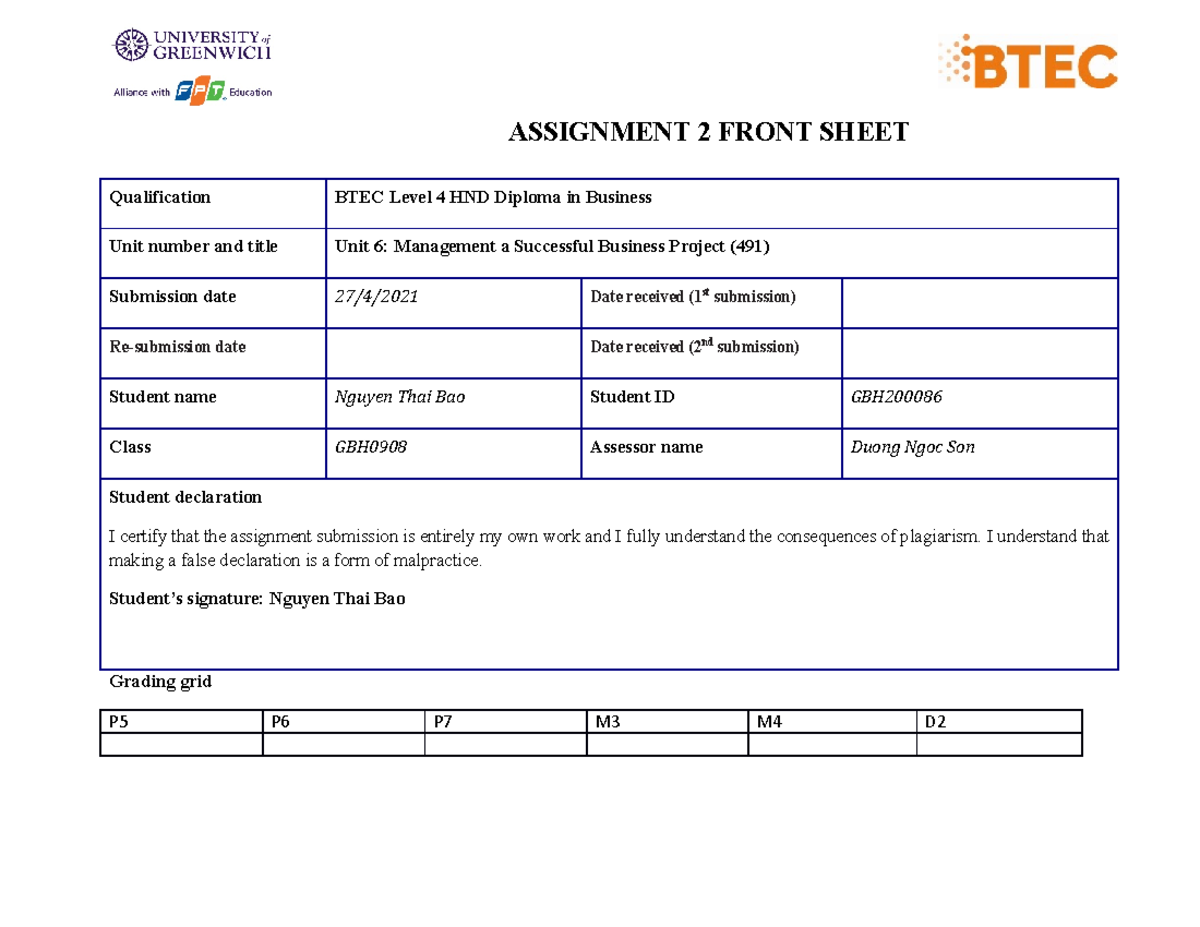 491 Assignment 2 Final - ASSIGNMENT 2 FRONT SHEET Qualification BTEC ...