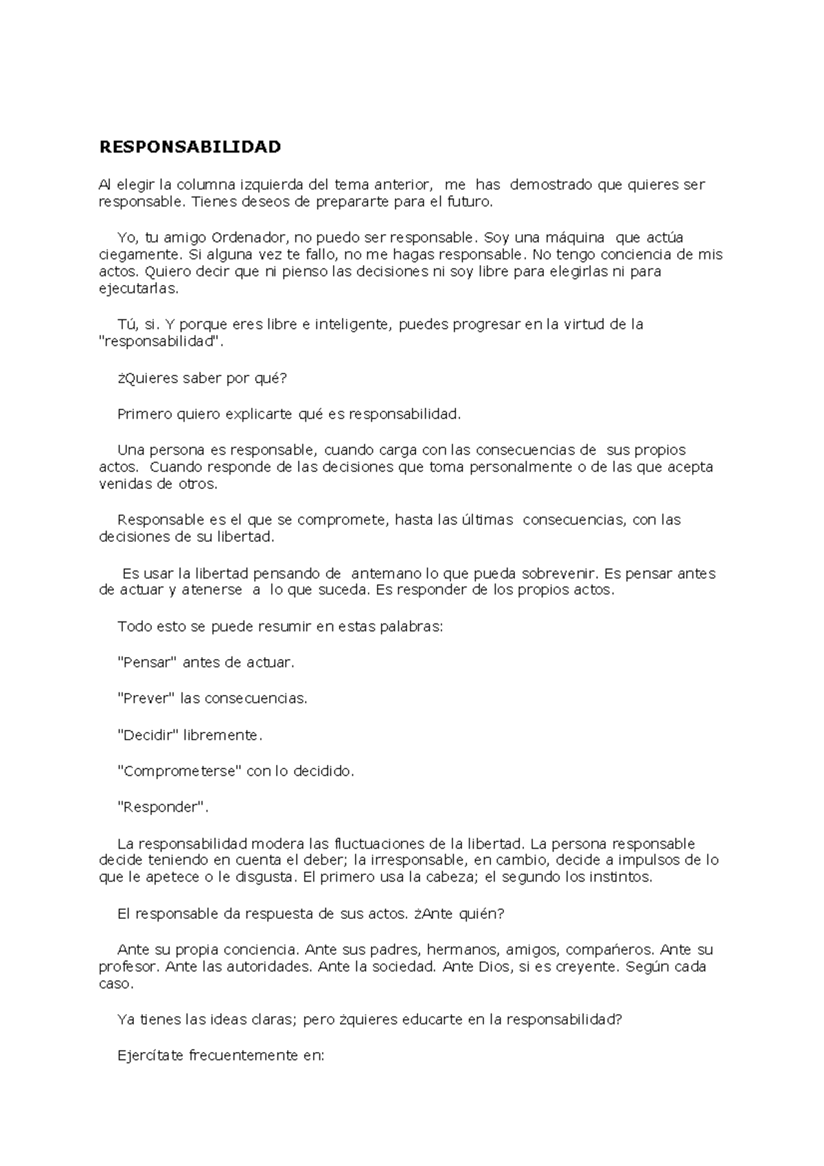 Responsabilidad comprension lectora RESPONSABILIDAD Al elegir la