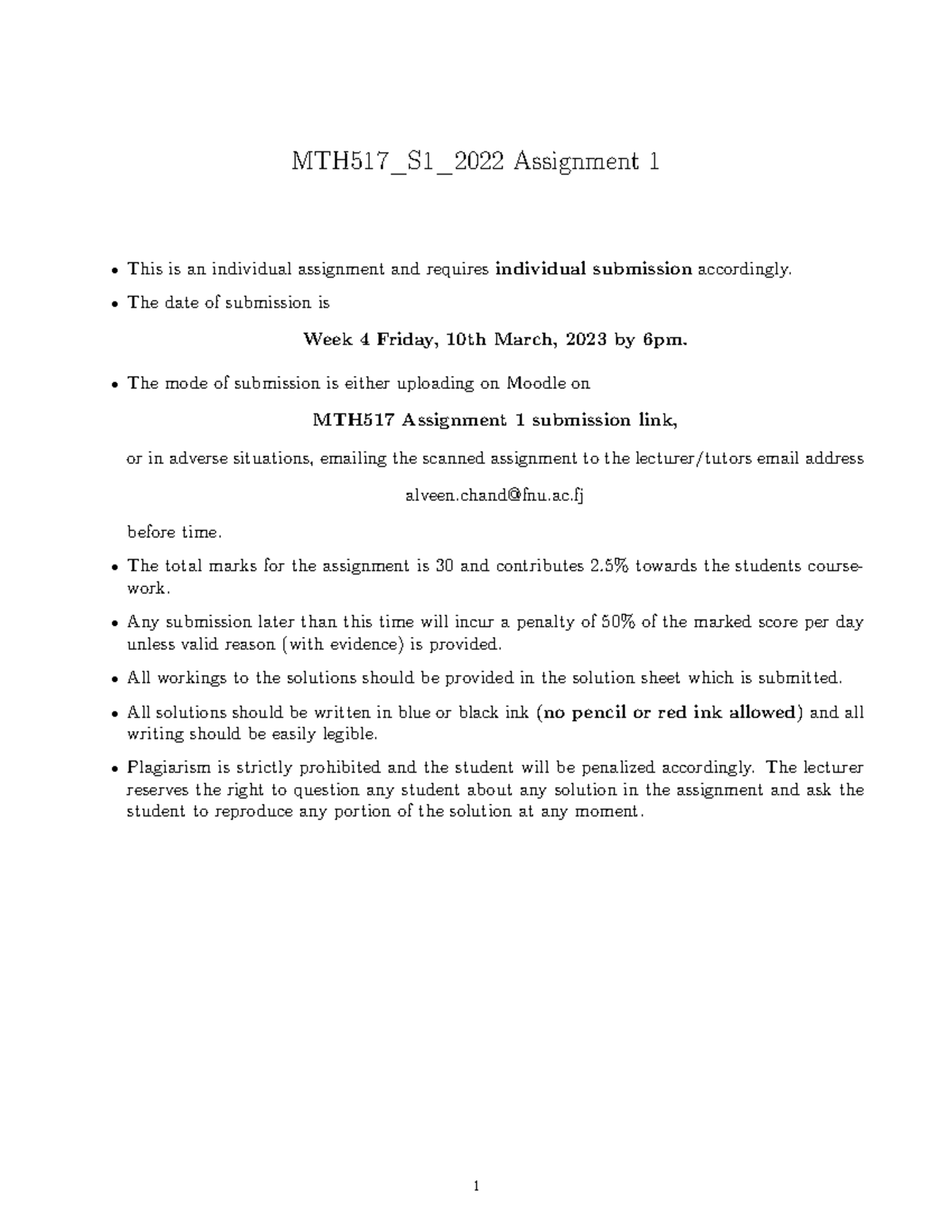 Mth517 S1 2023 Assignment 1 Mth517 S1 2022 Assignment 1 This Is An Individual Assignment And