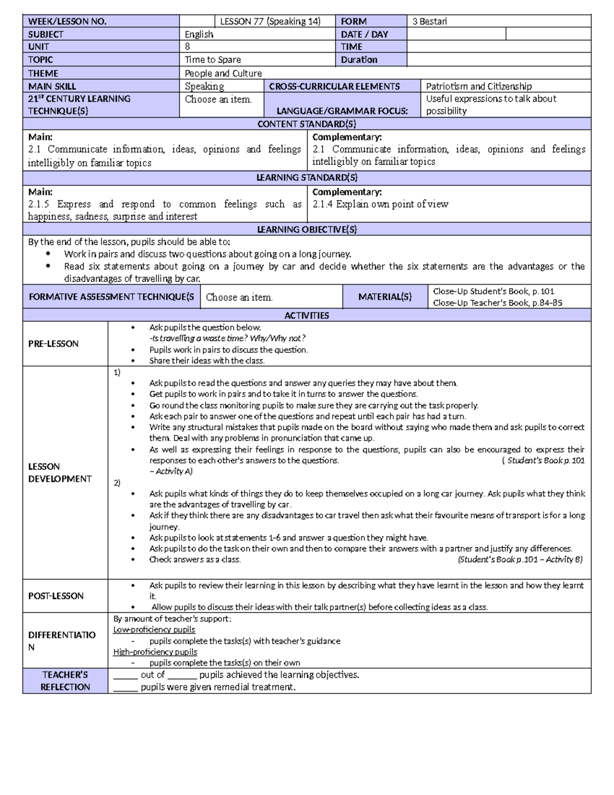 Lesson 77 - WEEK/LESSON NO. LESSON 77 (Speaking 14) FORM 3 Bestari ...