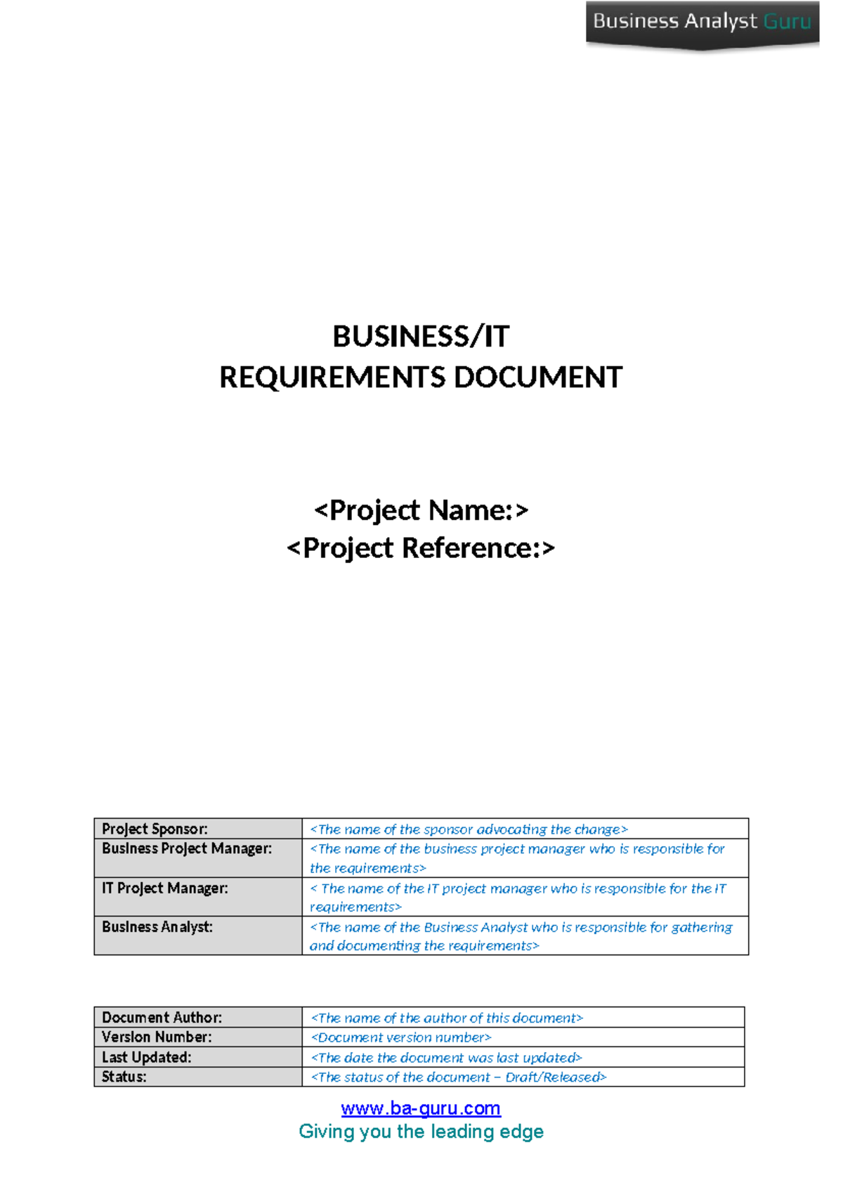 Business Requirements Document BRD Template - BUSINESS/IT REQUIREMENTS ...