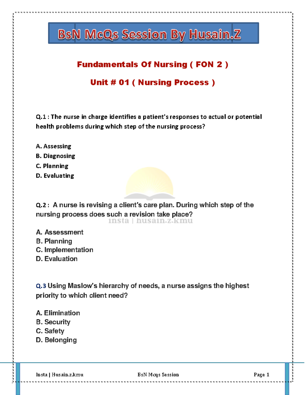 Nursing Process Mcqs Session By Husain - Fundamentals Of Nursing ( FON ...