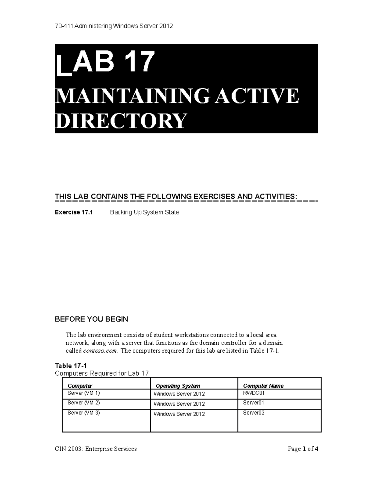 70 411 17 Backup L AB 17 MAINTAINING ACTIVE DIRECTORY THIS LAB