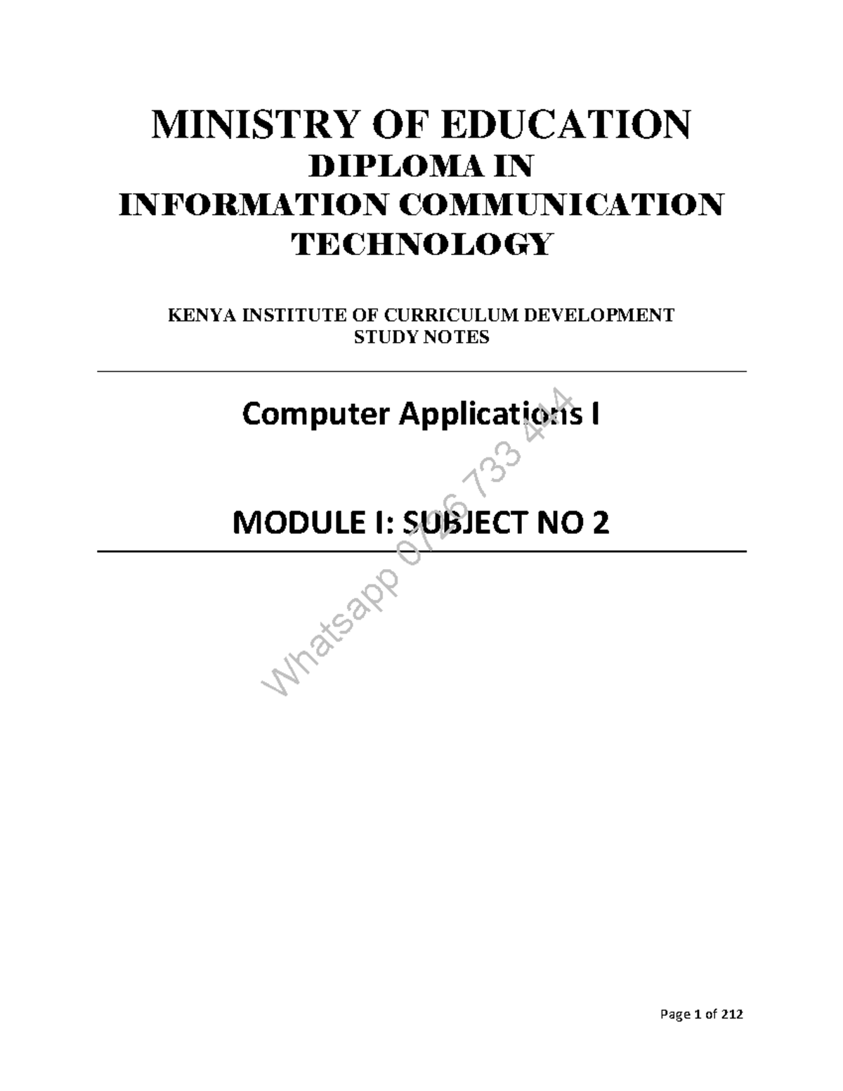 Computer applications 1 knec notes - MINISTRY OF EDUCATION DIPLOMA IN ...