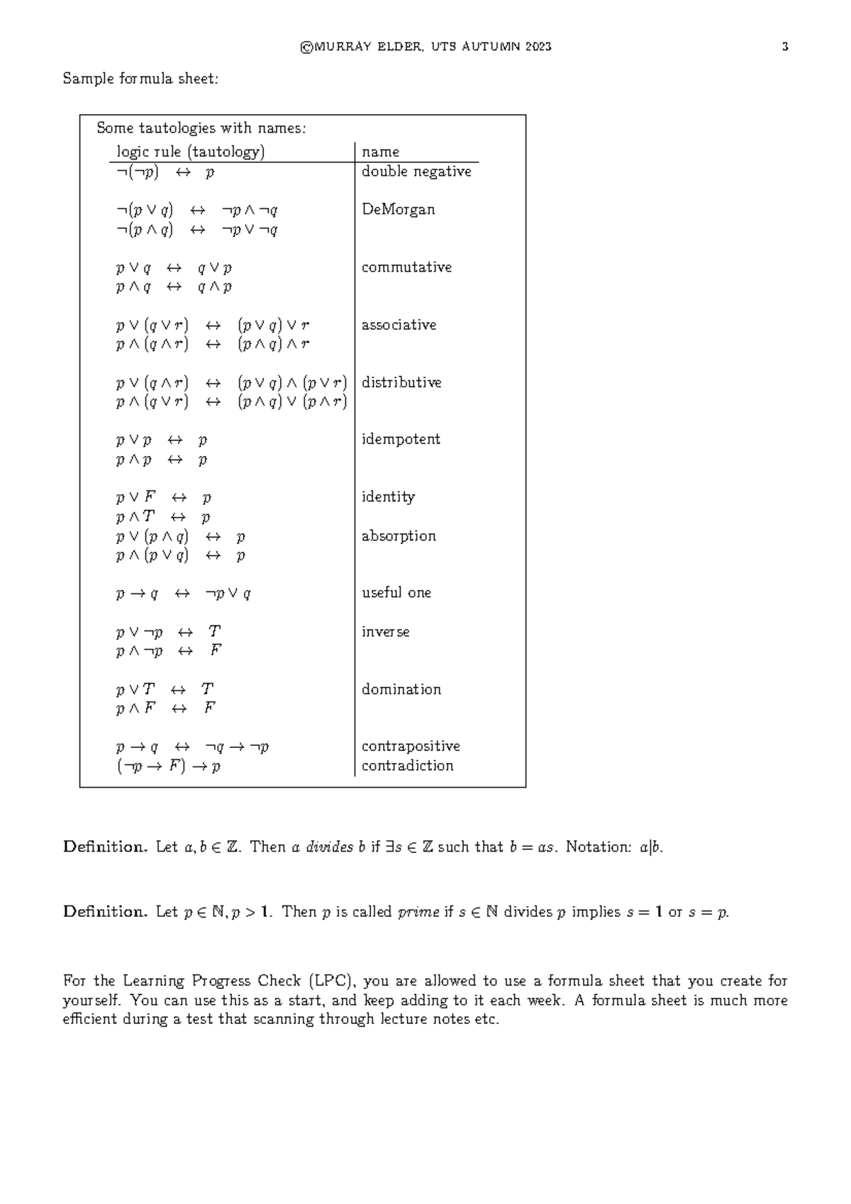 2023worksheet 2solutions Sample formula sheet Some tautologies with