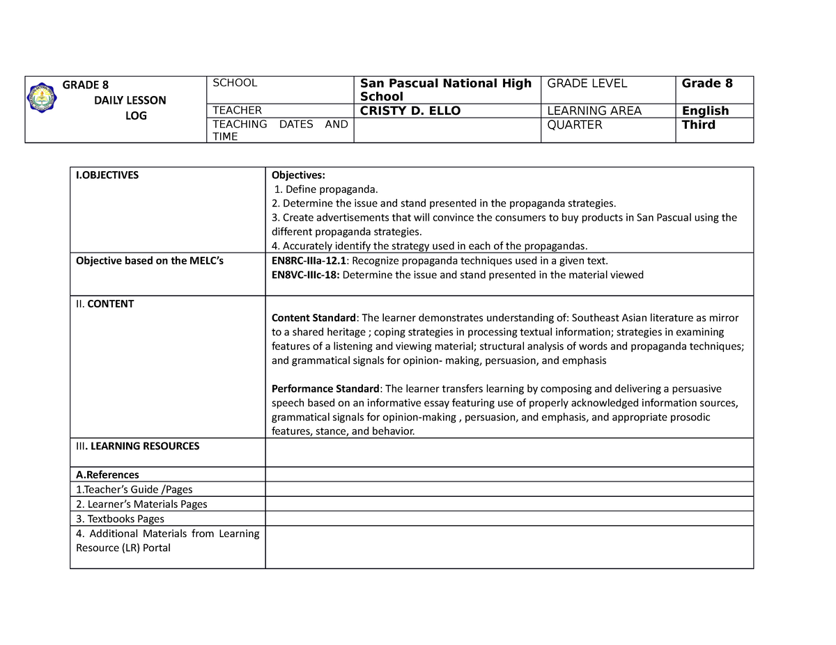 Dll cot #3 - DAILY LESSON LOG ENGLISH 8 - GRADE 8 DAILY LESSON LOG ...