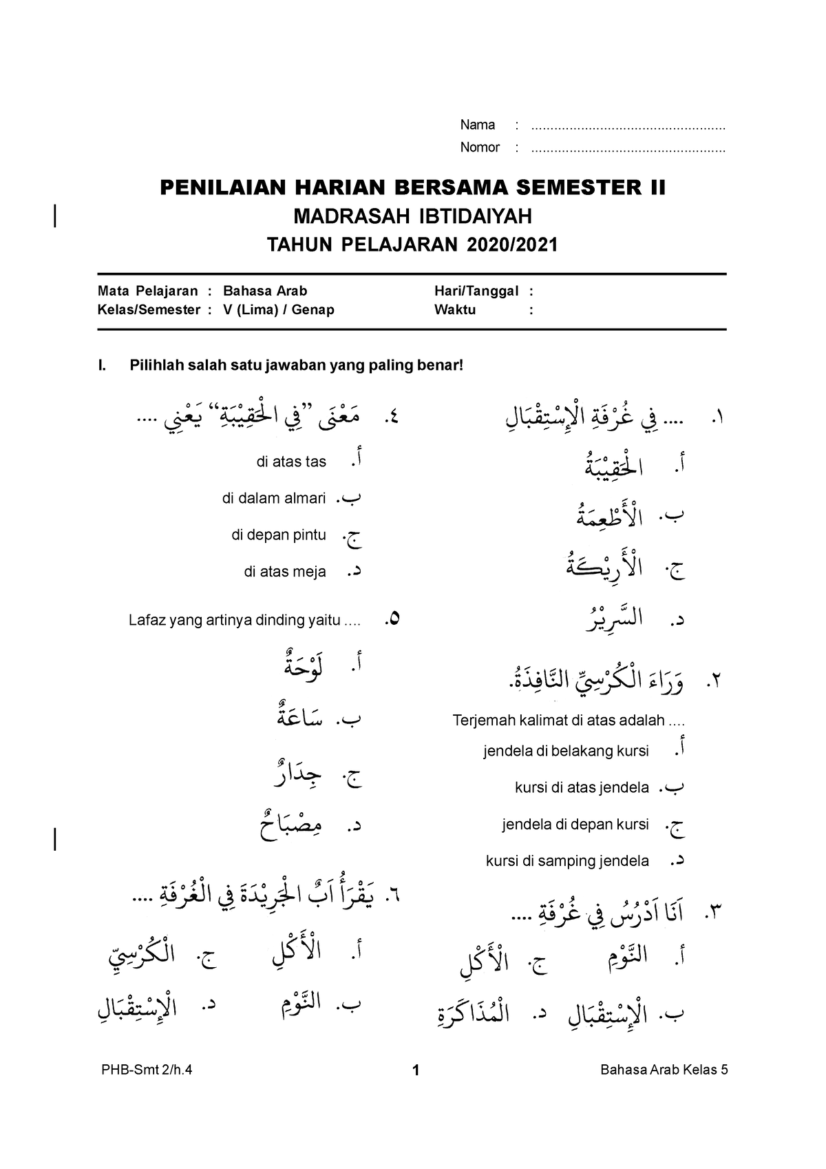 B ARAB 6 - Agama - PHB-Smt 2/h 1 Bahasa Arab Kelas 5 Mata Pelajaran ...