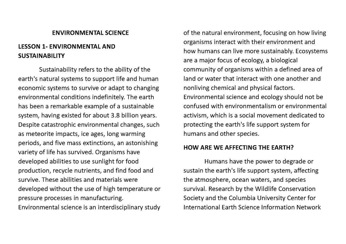 Environmental Science - ENVIRONMENTAL SCIENCE LESSON 1- ENVIRONMENTAL ...