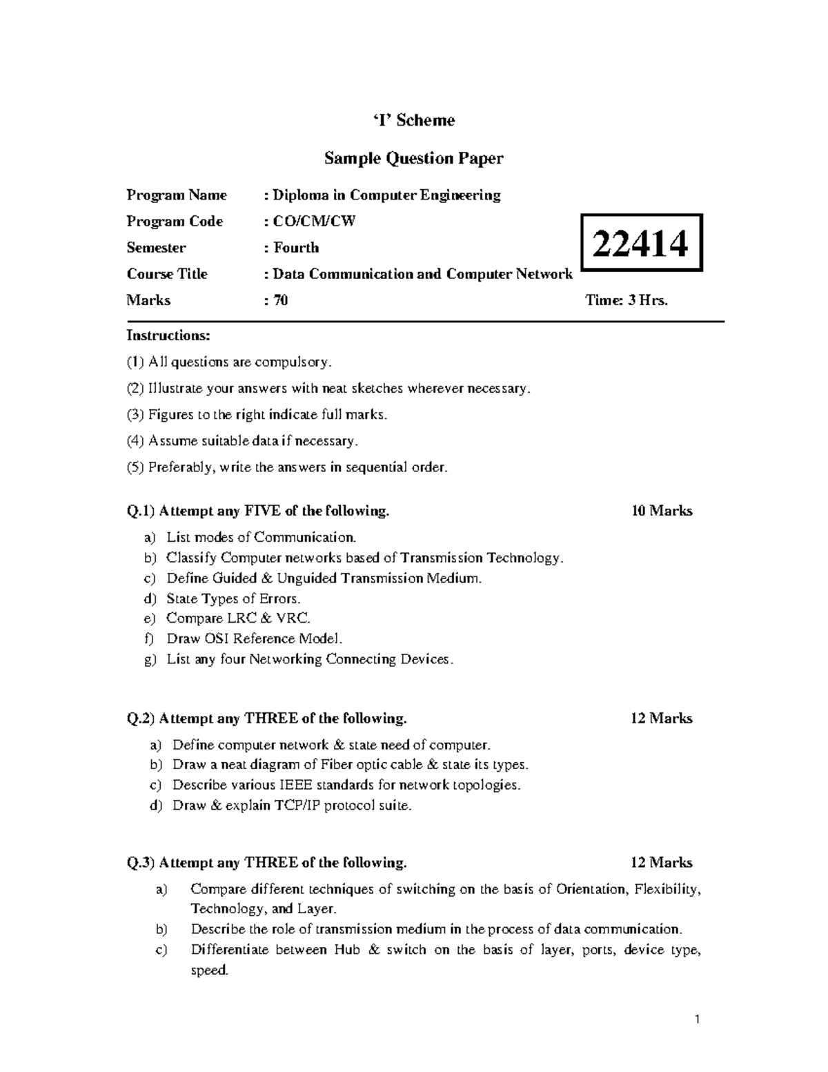 22414 samplequestionpaper Data Communication and Computer Network
